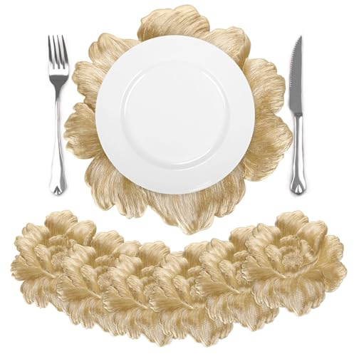 comfoyar Juego de 6 Manteles Individuales Flor Metálica Oro Redondo, Salvamanteles Individuales de Manteles Lavables e Impermeables para Cocinas y Comedores Decoración de Mesas para Fiestas 38x38cm