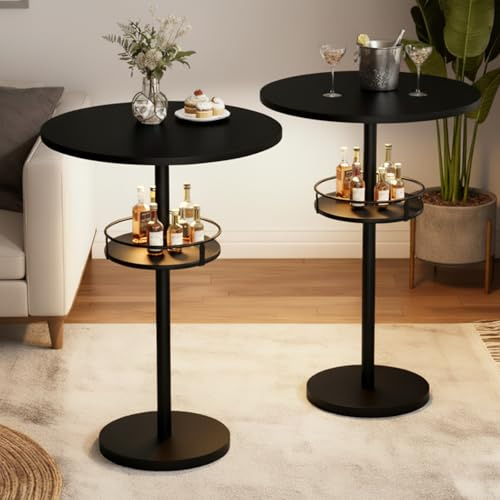YATINEY Bar Table with LED Light, Round Bar Table Set of 2, High-top Table with Metal Frame, Pub Cocktail Table, Large Base for Living Room, Kitchen, Bar, Black BT15L2UDBB