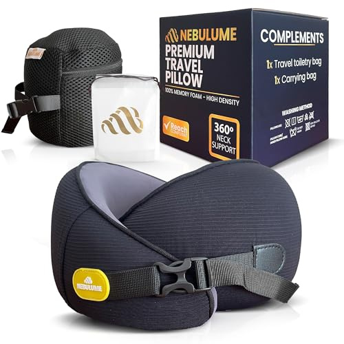 NEBULUME Almohada Viaje Premium - Almohada De Viaje para Cuello de Seda Helada y Soporte 360º - Cojin Avion Cuello con Hebilla Ajustable - Cojin Cervical con Funda Lavable Fácil - Travel Pillow