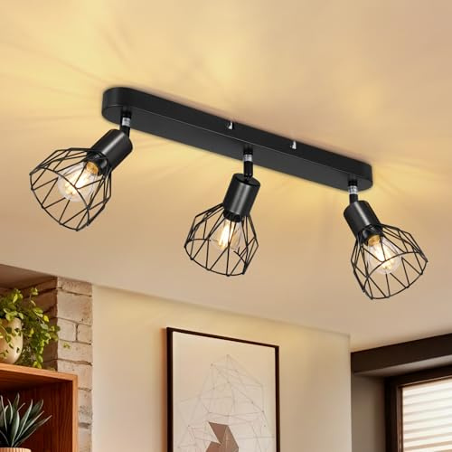 Dehobo Lámpara Techo Focos, 3 Foco Led Interior Lamparas Base E14, Apliques Pared Ajustables y Giratorios Negro, Plafón Foco de Techos LED para Dormitorio Cocina Salon(Sin Bombillas)