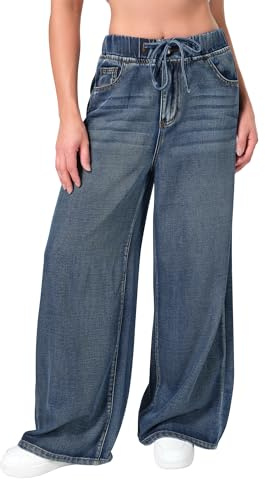 roswear Women's Wide Leg Jeans Non-Stretch Sweatpants-Like Lounge with Elastic Waist Washed Blue X-Large