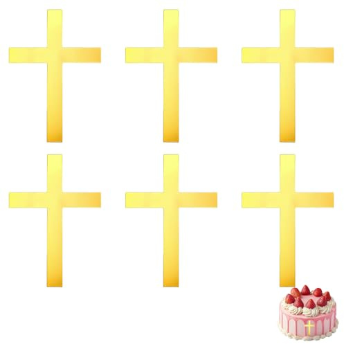 6 Pcs Cross Christening Cake Topper,Baptism Acrylic Gold Mirror Toppers Decorations for Party Wedding Birthday Shower Christian,Holy Communion Background Baking Supplies,Crossing Cupcake Theme