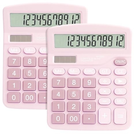 Pavlleen Lot de 2 calculatrices de bureau avec grand écran LCD à 12 chiffres, double alimentation (solaire et batterie), mini calculatrice de poche standard pour le bureau, la maison et l'école, rose