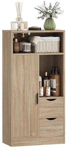HOMCOM Meuble de Salle de Bain, Meuble de Rangement étroit avec 2 tiroirs, Compartiments Ouverts, Placard et étagère réglable, Armoire Salle de Bain, Salon, Chambre, 50 x 25 x 100 cm, Bois Naturel