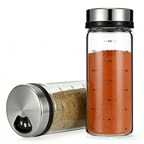 Satiskid 2 pcs Salt Shakers 200ML Clear Glass Seasoning Shakers, Salt Pepper Shakers with 4 Adjustable Pour Holes Rotating Lid, Heat-Resistant Glass Spice Jars for Kitchen Dining Table Decor