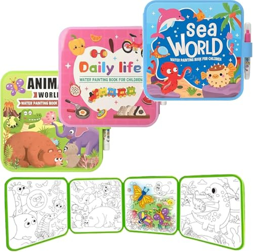Water Painting Book for Kids, Magic Reveal Montessori Mess Free Water Colouring Book with Pen,Reusable No Mess Doodle Book for Toddlers,Just Add Water to Reveal Vibrant Color (3 Pack)