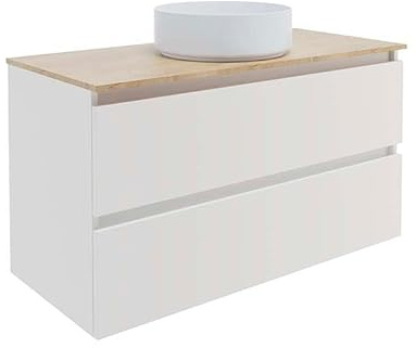 Baikal Mueble de Baño Mel. Mueble MONTADO. 100cm Blanco 2 Cajones Suspendido con Lavabo sobre Encimera. Armario de Baño. Incluye Lavabo Ceramico