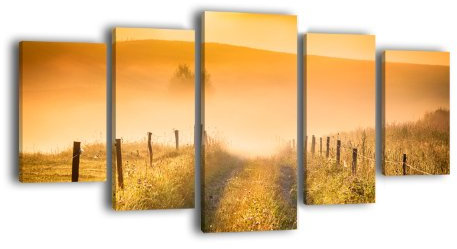 Leinwandbild Diesige Landschaft LW325 Wandbild, Bild auf Leinwand, 5 Teile, 210 x 100 cm, Kunstdruck Canvas, XXL Bilder, Keilrahmenbild, fertig aufgespannt, Bild, Holzrahmen, Weg, Landschaft, Sonne
