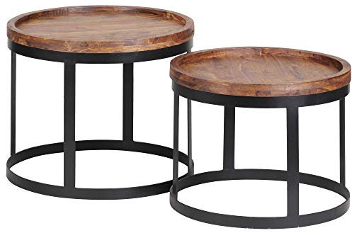 FineBuy 2er Set Beistelltische Massivholz Wohnzimmer-Tisch Landhaus-Stil Anstelltisch Metallgestell Natur-Holz Couchtisch Natur-Produkt Wohnzimmermöbel Massivholzmöbel Echtholz Anstelltisch