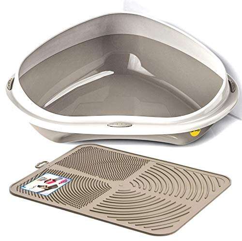 CAT CENTRE Grey Large Corner Cat Litter Tray + Nonslip Mat Set | Corner litter box with grooved mat, litter trap mat, kitten toilet tray, cat loo pad for indoor use