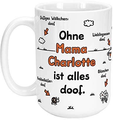 Sheepworld » Ohne Mama ... ist alles doof.« XL-Tasse mit Wunschnamen, personalisiert (weiß) | Keramik, 42,7 cl, Jumbo-Tasse mit Namen | Geschenk personalisiert | L1421