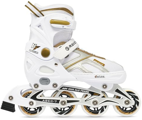 Raven Pulse – Pattini a rotelle per bambini, ragazze, ragazzi, adulti, bambini – Pattini a rotelle – 2 in 1 con opzione pattini da ghiaccio – Regolabili – White/Gold senza Pattini, 40-43 (25,5-28cm)