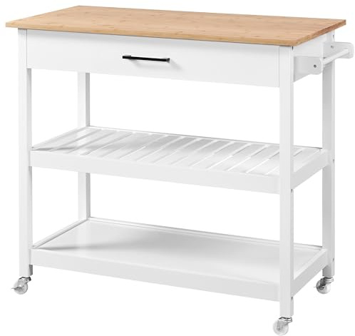 Yaheetech 40 Width Kitchen Island Cart on Wheels, 3 Tiers Rolling Utility Cart with Solid Wood Top and Drawer & 2 Spacious Storage Shelf, Serving Trolley for Dining Room, White