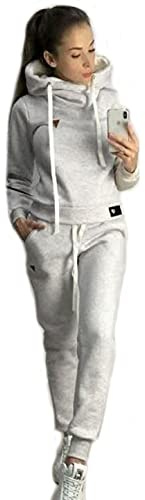 Joligiao Femmes Survetêment 2 Pièces Manches Longues Ensemble Polaire d'intérieur Tenue Chaude Sweats à Capuche et Pantalons Sportswear pour Jogging Sports (Gris,XL)