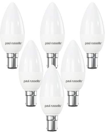 paul russells LED Light Small Bayonet Cap B15, 60watt Equivalent, 6.5W 806LM LED Bulbs, 6500K Bright Daylight, Frosted C35 SBC Candle Energy Saving Non-Dimmable Chandelier Lightbulbs, 6 Pack