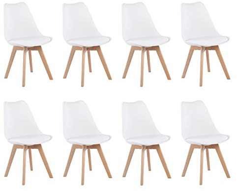 H.J WeDoo 8 x Wohnzimmerstuhl Esszimmerstuhl Bürostuhl mit Massivholz Buche Bein, Retro Design Gepolsterter Stuhl Küchenstuhl Holz - Weiß