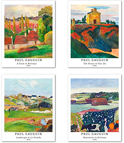 Berkin Arts väggkonst oinramade tryck giclee konst papper set med 4, 20 x 25 cm landskap konstverk, skoldekoration naturlig rustik landsbygd färgglad inflyttningsfest fantastisk gåva Paul Gauguin tryck