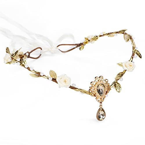 MOSTORY Handmade Gold Fairy Crown Elf Flower Headband Elven Circlet Floral Headpiece for Women s Renaissance Fair Halloween Cosplay Photo Shoot
