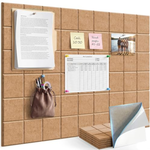 Uoisaiko Gran Corcho Pared Autoadhesivo 30x30 cm - 6 Piezas Tablero de Corcho Fieltro para Oficina Casa - Tablón de Anuncios con 30 Chinchetas para Fotos Notas