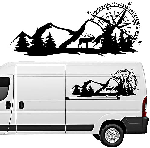 TOTMOX Wohnwagen Aufkleber, Wohnmobile Aufkleber, PVC Black Car Decal Aufkleber, Autoseitenkörperaufkleber mit Berg, Kompass und Hirschmuster
