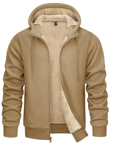 KEFITEVD Huvtröjor för män, sherpa fleecefodrad jacka med huva, vindtät sweatshirt, vinter, varm huvtröja med fickor, Khaki, XL