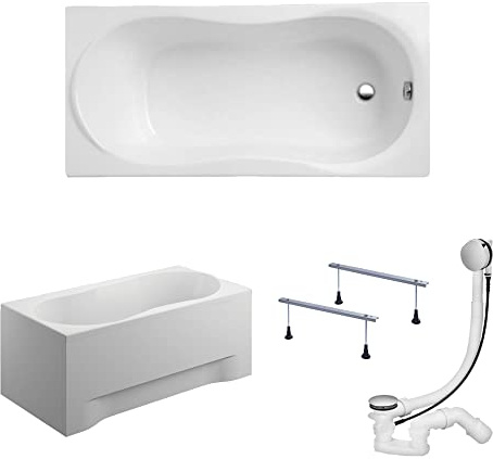 KOLMAN Badewanne GRACJA Rechteck 140x70 mit AcrylSchürze, Ablaufgarnitur und Füßen Komplettset 4in1 Premium Original Acryl Wanne Siphon