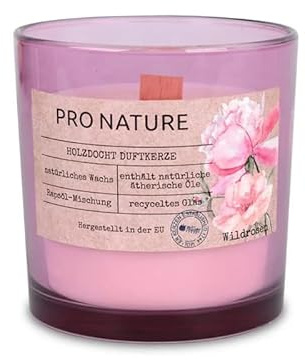 Müller Kerzen PRO NATURE Duftkerze im Glas mit Holzdocht und Rapswachs - Wildrosen Duft - Enthält natürliche ätherische Öle und Rapsöl - 40 Stunden Brenndauer - Recyceltes Glas - 1er Pack