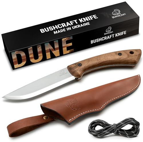 BeaverCraft Couteau Bushcraft Full Tang en Acier Carbone avec Étui en Cuir – Couteau Fixe de Camping – Outil Outdoor Bushcraft BSH1 Dune