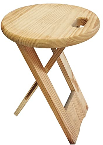 Tradineur - Taburete Redondo Plegable de Madera con asa y reposapiés, Estable y Robusto, banqueta para jardín, balcón, terraza, Camping, hogar, 45 x 32 cm