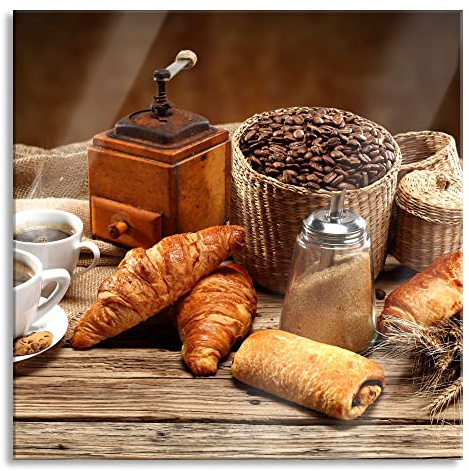 Pixxprint Glasbild, Wandbild auf Echtglas, Aromatischer Kaffee mit Croissant, 40x40 cm, inkl. Aufhängung und Abstandshalter