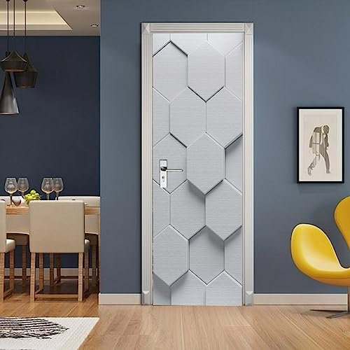 A.Monamour Türtapete Selbstklebend Türfolie Türposter 3D Weißes Sechseckiges Geometrisches Muster Vinyl Folie Türdeko Tapete Wandbild Türaufkleber Türtattoo 90x200cm