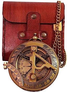 BAZROSS Messing-Sonnenuhr-Kompass, handgefertigt, zum Aufdrücken, Steampunk-Sammelkompass, antike Sonnenuhr, nautische Uhr, einzigartiges Geschenk für Wandern und Reisen