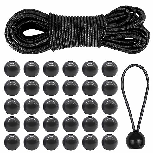 Corda Elastica per Teloni con 30 Pezzi Palla,Corde Elastiche di Gomma,Elastici per Tende e Teloni,Poster Accessori Fai Da Te,Nera 4 mm x 10 m Corde Elastiche con Sfere