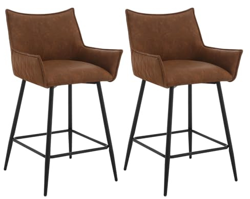 WOLTU Lot de 2 Tabourets de Bar, Chaise Bar Rembourrée, en Similicuir, avec Pieds en Métal, Repose-Pieds, Dossier, Accoudoirs, Marron, BH391br-2