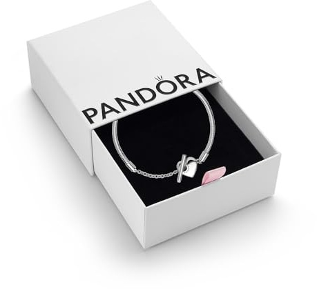 PANDORA Moments, Heart T-Bar Snake Chain Bracelet | Sterling Silver Snake Chain Charm Bracelet, Heart T-Bar Clasp, Threading System Makes Adding Charms Easy