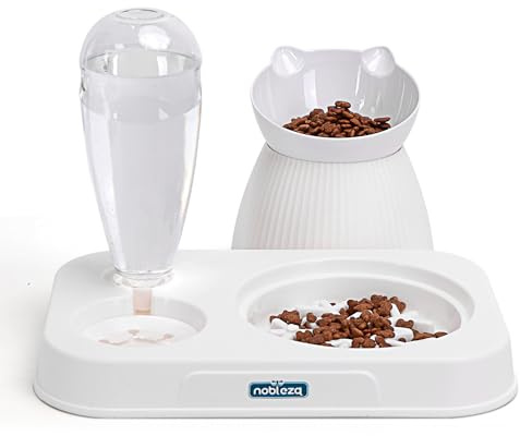 Nobleza Ciotole per Gatti Rialzate, Set 2 in 1 con Dispensatore Automatico Acqua e Feeder Lento, Inclinazione 15° per Digestione e Postura, Bianco