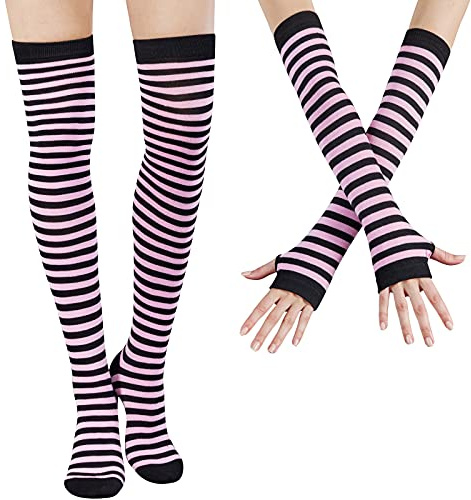 DRESHOW Chaussettes Montantes Hautes de Genoux Longues Cuisse et Gants Sans Doigts pour Filles et Femmes