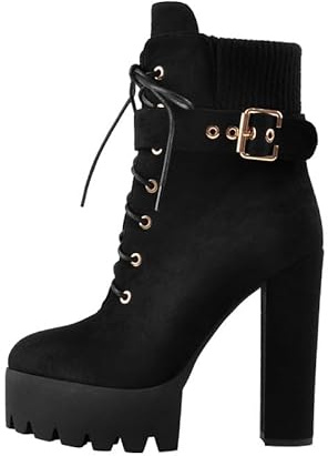 MissHeel Plateau Stiefeletten Schürstiefel mit Blockabsatz Faux Suede High Heels Schwarz