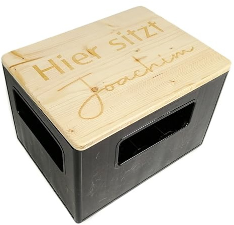 bierkasten-sitz Outdoor Hocker, Sitzauflage aus Holz für Getränkekisten mit individuellen Schriftzug gelasert passend für 20-er Kasten (40 x 30 cm)