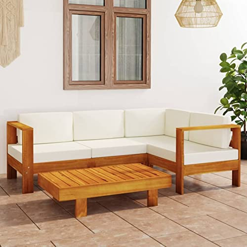 NITCA Gartenmöbel Set Holz 5-TLG Gartenlounge Set Lounge Moebel Terrasse Holz mit Creme Auflagen Ecklounge Sofagarnitur Lounge Ecksofa Garten Sitzgruppe Akazienholz(Eckteil+3xMittelteil+Tisch)