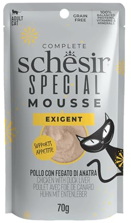 Schesir Special Exigent, Filetes De Pollo con Pato En Mousse, Alimento Húmedo Completo para Gatos, En Bolsa, Sin Cereales, Alto Contenido De Proteínas, Rico En Hidratación, 12 X 70g