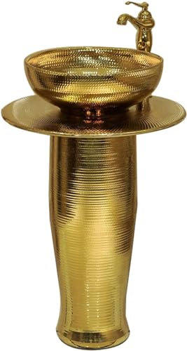 ZTGL Säulen-Waschplatz Waschbecken in Handvergoldet Standwaschbecken, Durchmesser 40 cm | Höhe 82 cm, Waschtisch Säule Badmöbel für Drinnen und Draußen,Sink only