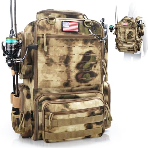 FunVZU Angelausrüstungsrucksack, wasserabweisender Angelrucksack mit Rutenhaltern für 4 Boxen (Boxen nicht im Lieferumfang enthalten), Sahara Khaki Camo, Angeln
