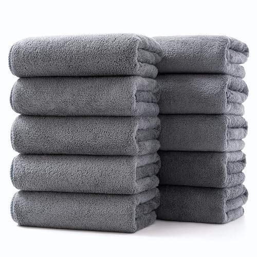 Lumimi Towels 10 Piece Very Soft Microfiber Hand Face Towel Set Washcloth Super Absorbent Lightweight Quick Dry and Durable, 29 L x 13 W, 10 Pack Dark Grey