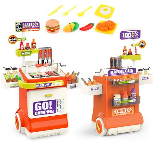 Kinder BBQ Grillset mit Küche-Zubehör, realistischer Rauch- und Soundeffekt - Küchenset Geschenke (Orange)