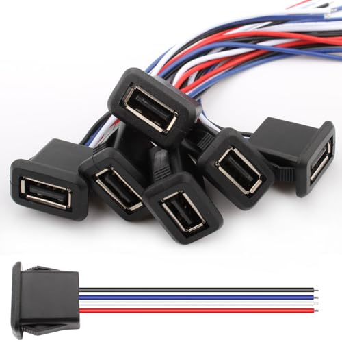 VISSQH 6 Stück USB Typ A Buchse,3A 4 Polige USB A stecker löten,4-Draht USB A Einbaubuchse mit Schnappnut Schnalle,22AWG USB A Female Kabel,USB A Buchse für Panelmontage