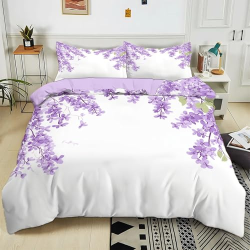 Generico Copripiumino 240x220 cm Fiore Lilla Viola Set di Biancheria da Letto di Singolo Matrimoniale 3 Pezzi, Set Copripiumino in Policotone con Federa e Chiusura Cerniera