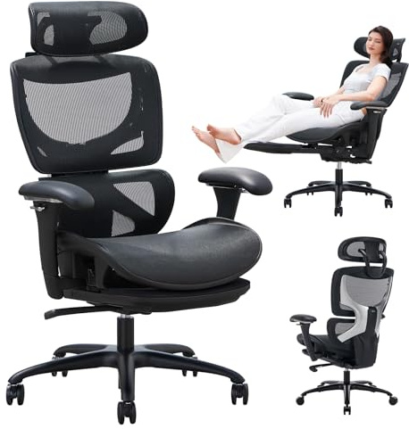 COLAMY Ergonomischer Bürostuhl mit Fußstütze – Chefsessel mit hoher Rückenlehne, Verstellbarer Kopfstütze & 3D-Armlehnen – Atmungsaktives Mesh, dynamische Lendenstütze, höhenverstellbar – Schwarz