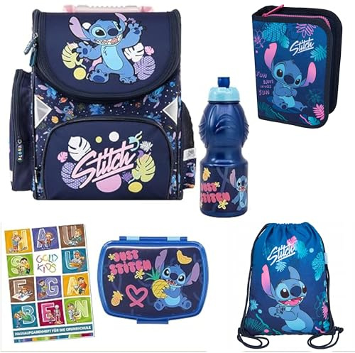 PASO Schulranzen für Jungen und Mädchen - Schul-Rucksack für Kinder mit Federmäppchen - Schuhbeutel, Brotdose, Trinkflasche und Hausaufgabenheft - Lilo und Stitch Motiv - 1-3 Klasse
