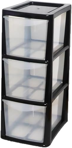 ALEEZ - 3 Drawer Plastic Storage Unit - Space Saving Multipurpose Medium Drawers - Clear Design Home Office Storage Durable Draws - Tabletop, Desktop Drawers - 48cm (H) x 19cm (W) x 25cm (D)